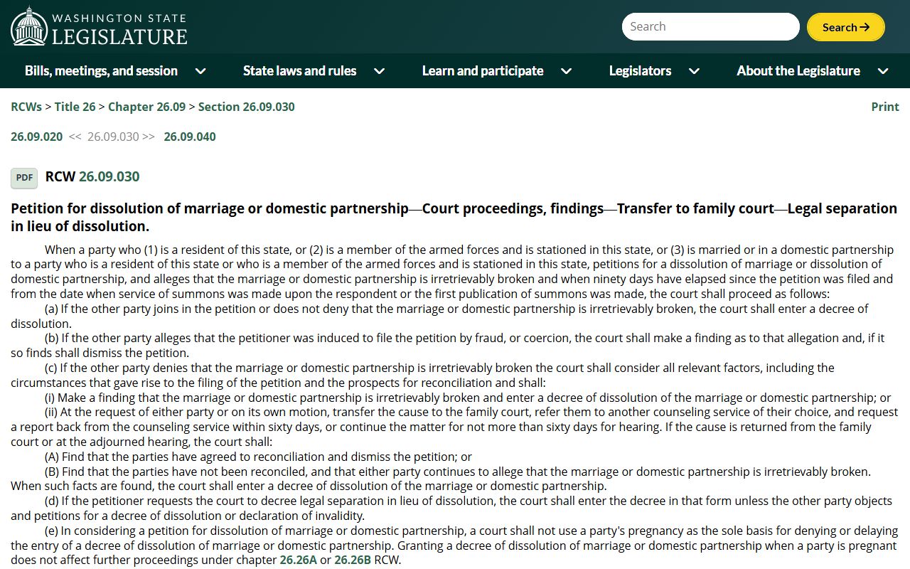 Washington State Legislature RCW 26.09.030 petition for dissolution of marriage